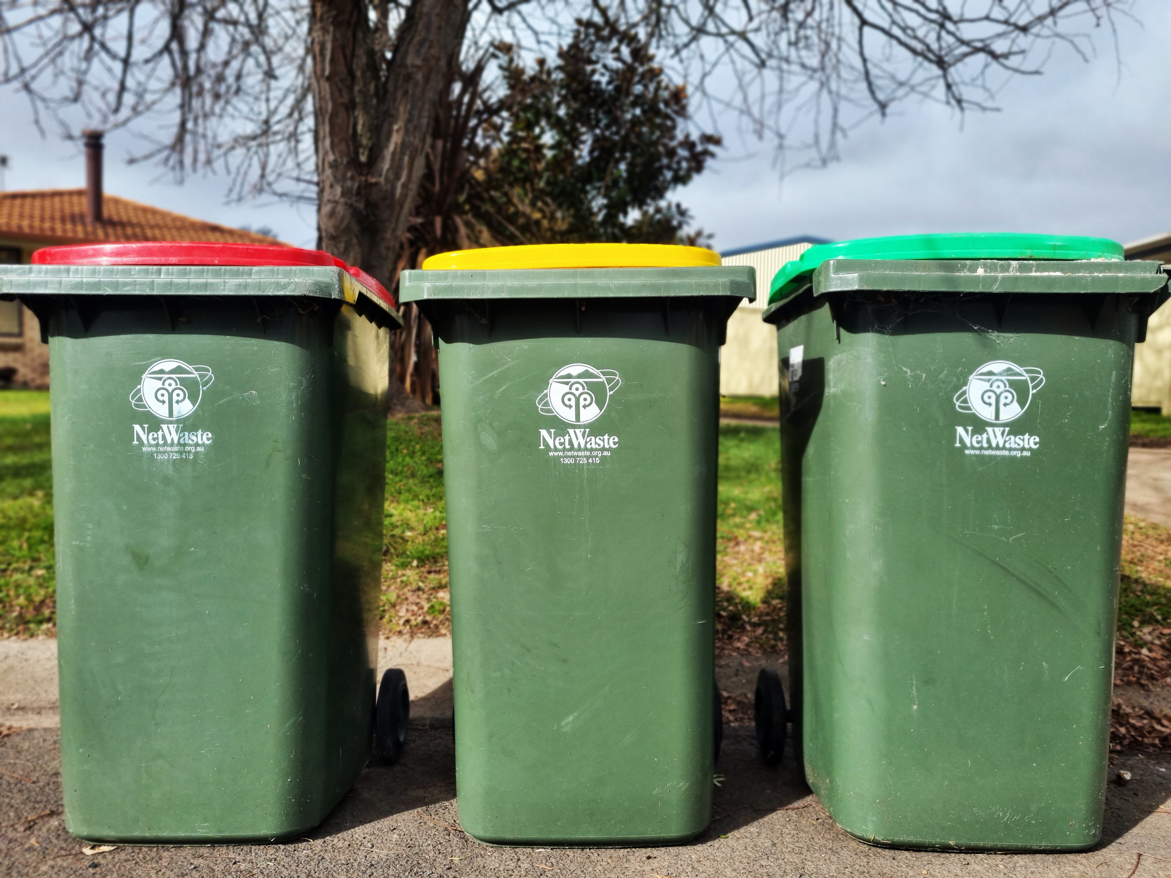 Three coloured bins lined up.