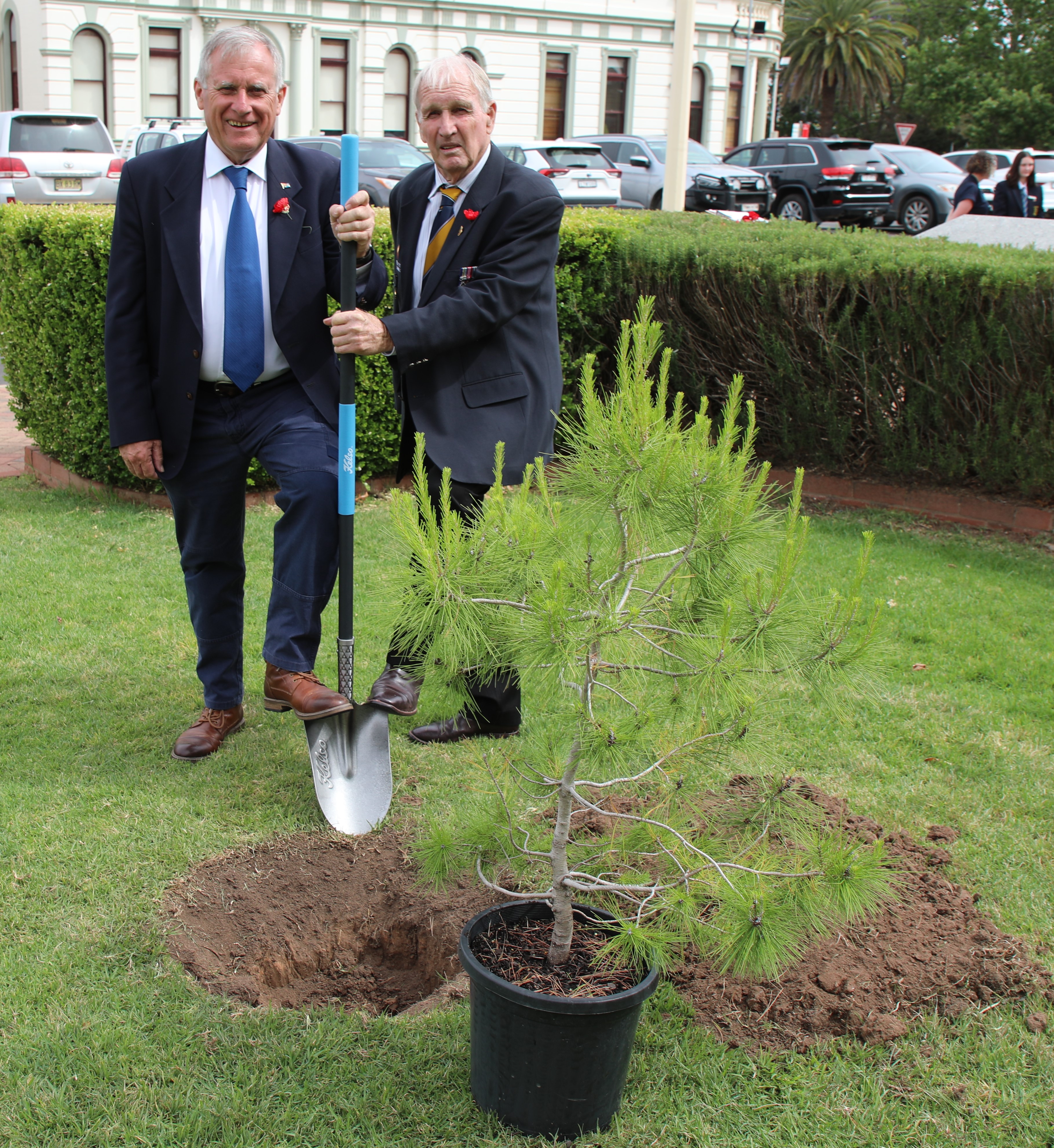 Forbes Deputy Mayor Chris Roylance and Forbes RSL Sub Branch President Bryan Jones plant a Lone Pine tree at Victoria Park on Remembrance Day.